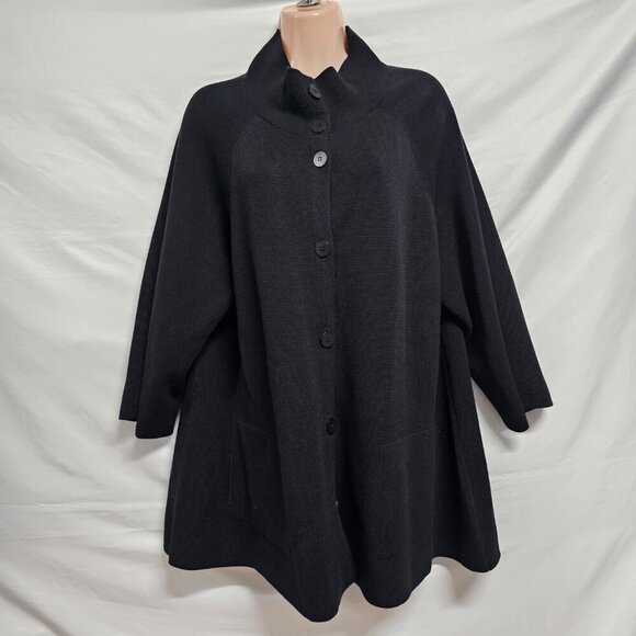 Eileen Fisher Button Up Mock Neck Kimono Jacket Women Size L Black Silk/Cotton - Picture 12 of 13